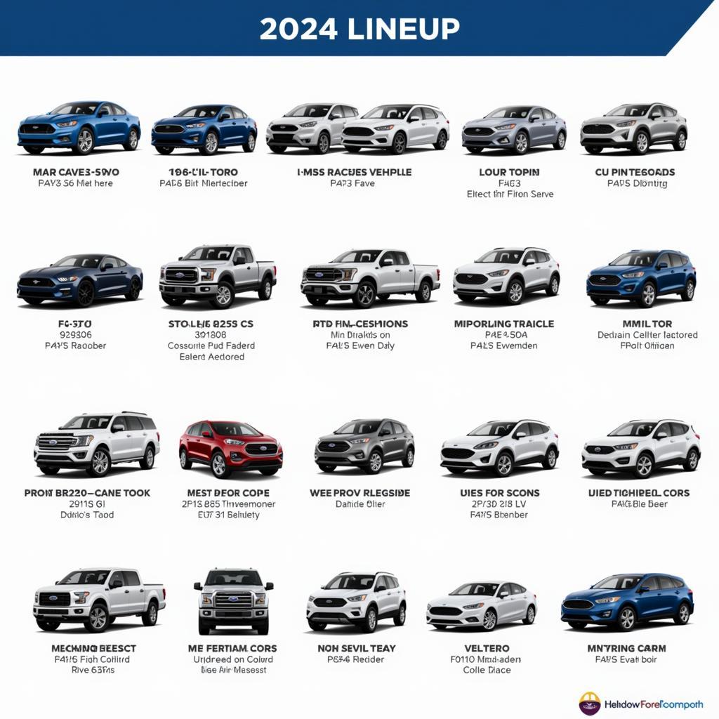 A collage of various 2024 Ford models, showcasing the diversity of the lineup, from Mustangs to F-150s and electric vehicles.