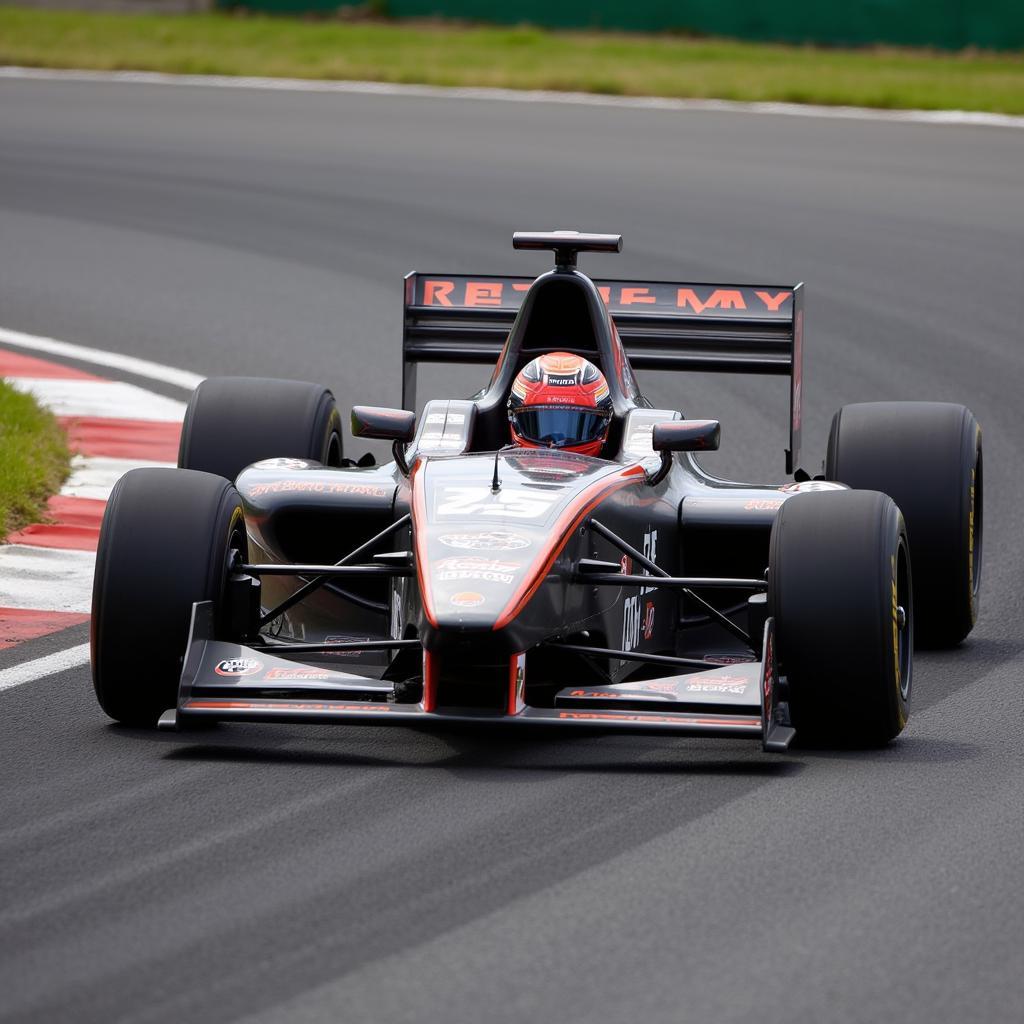 Formula 4 car navigating a turn on a racetrack