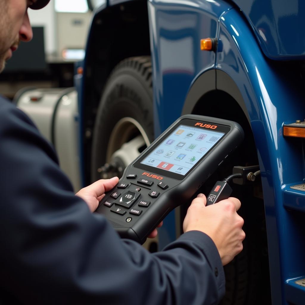 Mechanic Using a Scan Tool on a Fuso Truck During Maintenance