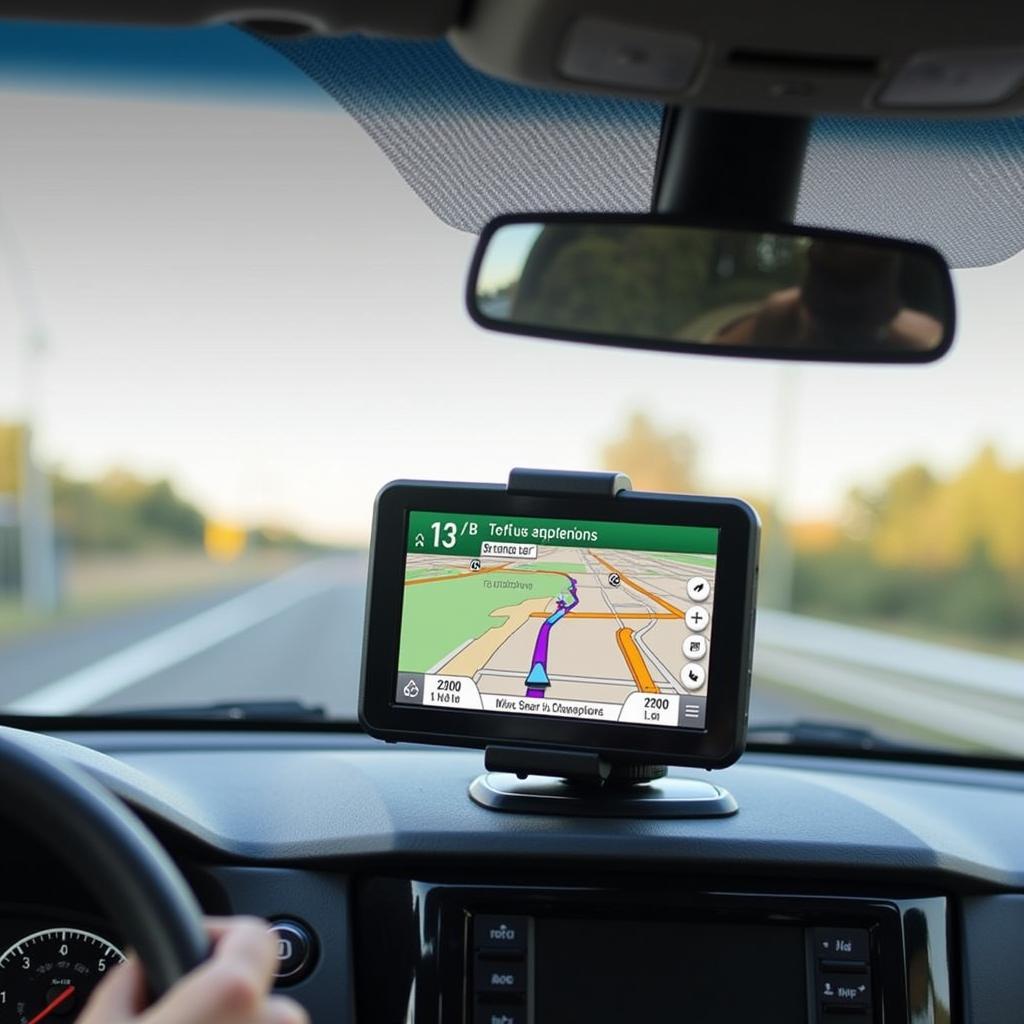 GPS Unit Mounted on Car Dashboard Showing Navigation