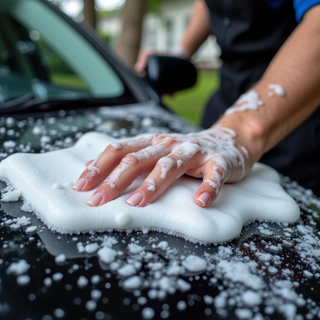 Detailer meticulously hand washing a car with soapy bubbles