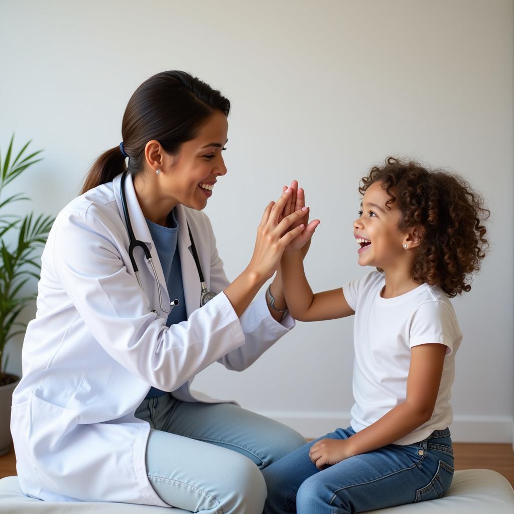 Happy child interacting with their pediatrician