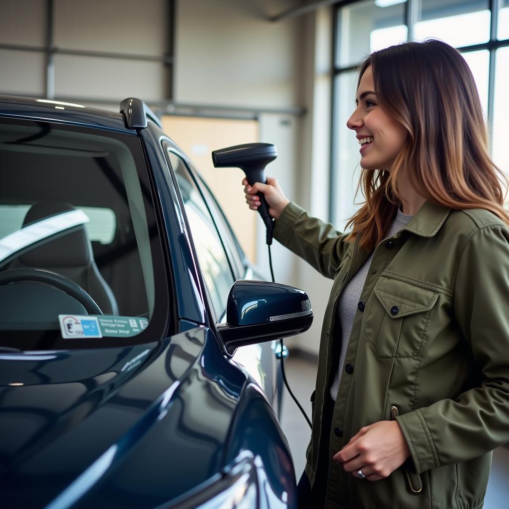 Happy customer using a dealer scanner on their purchased car