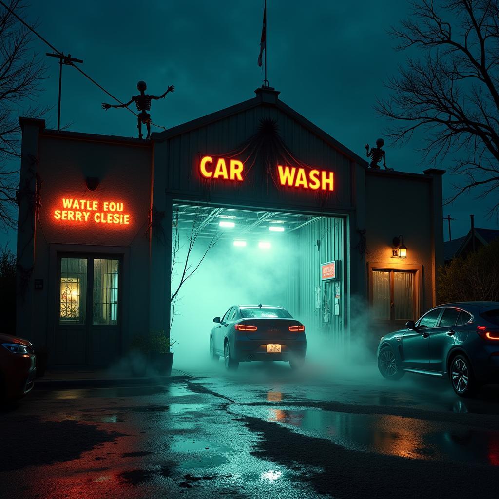 Exterior of a Haunted Car Wash at Night