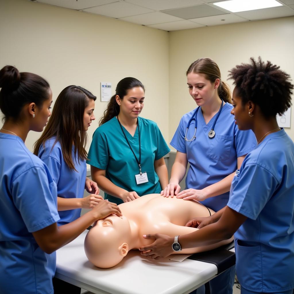 Health care academy students practicing medical procedures