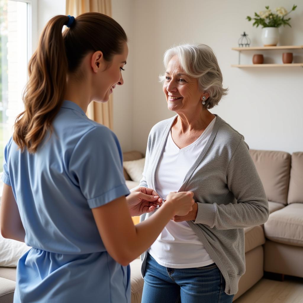 Home Care Aide Assisting Senior with Daily Tasks