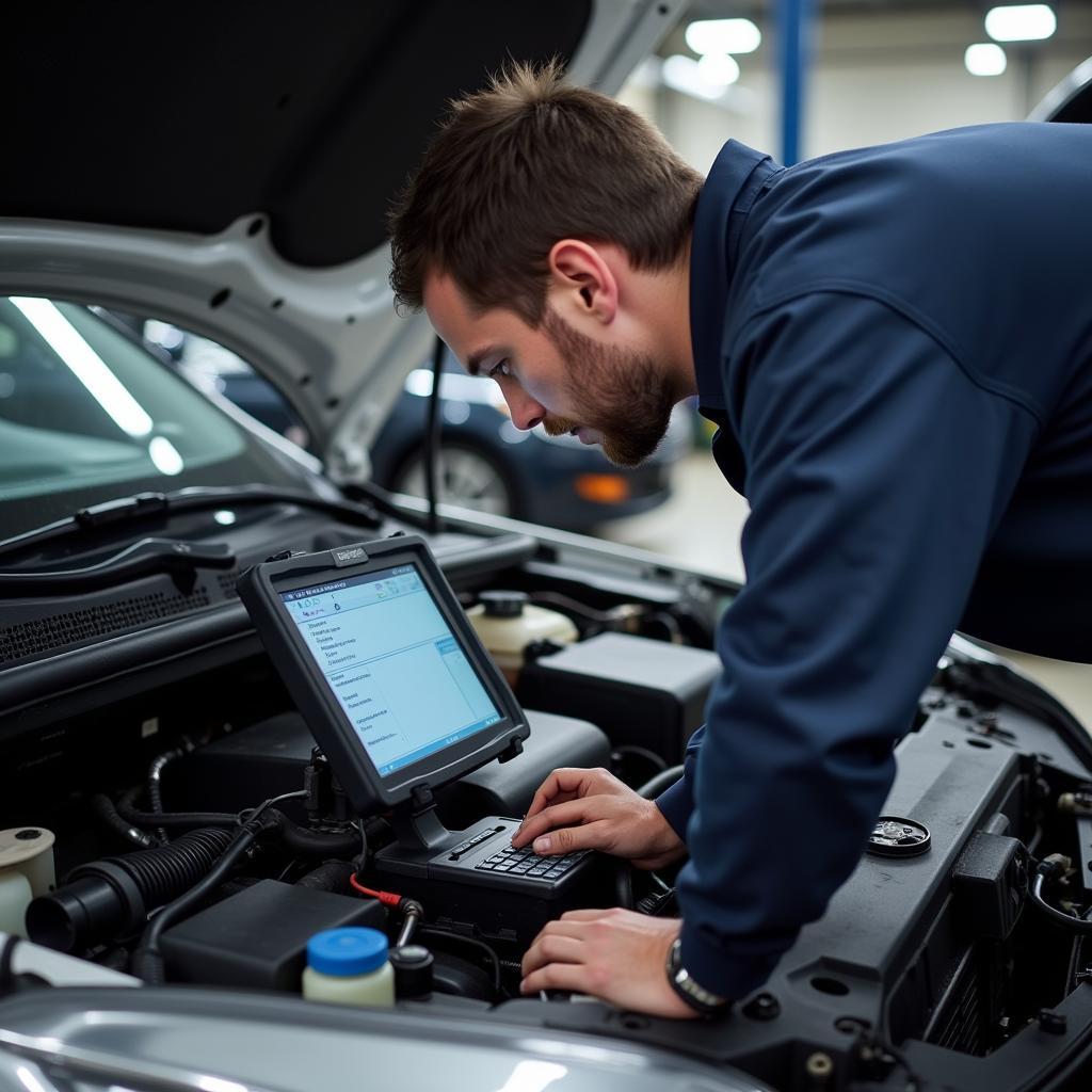 Mechanic Using Dealer Scanner on a Modern Car