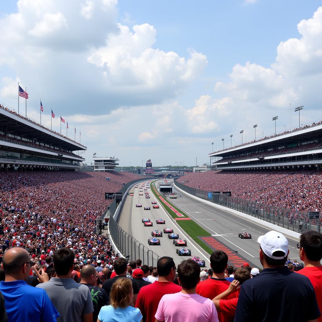 Indy 500 crowd and cars