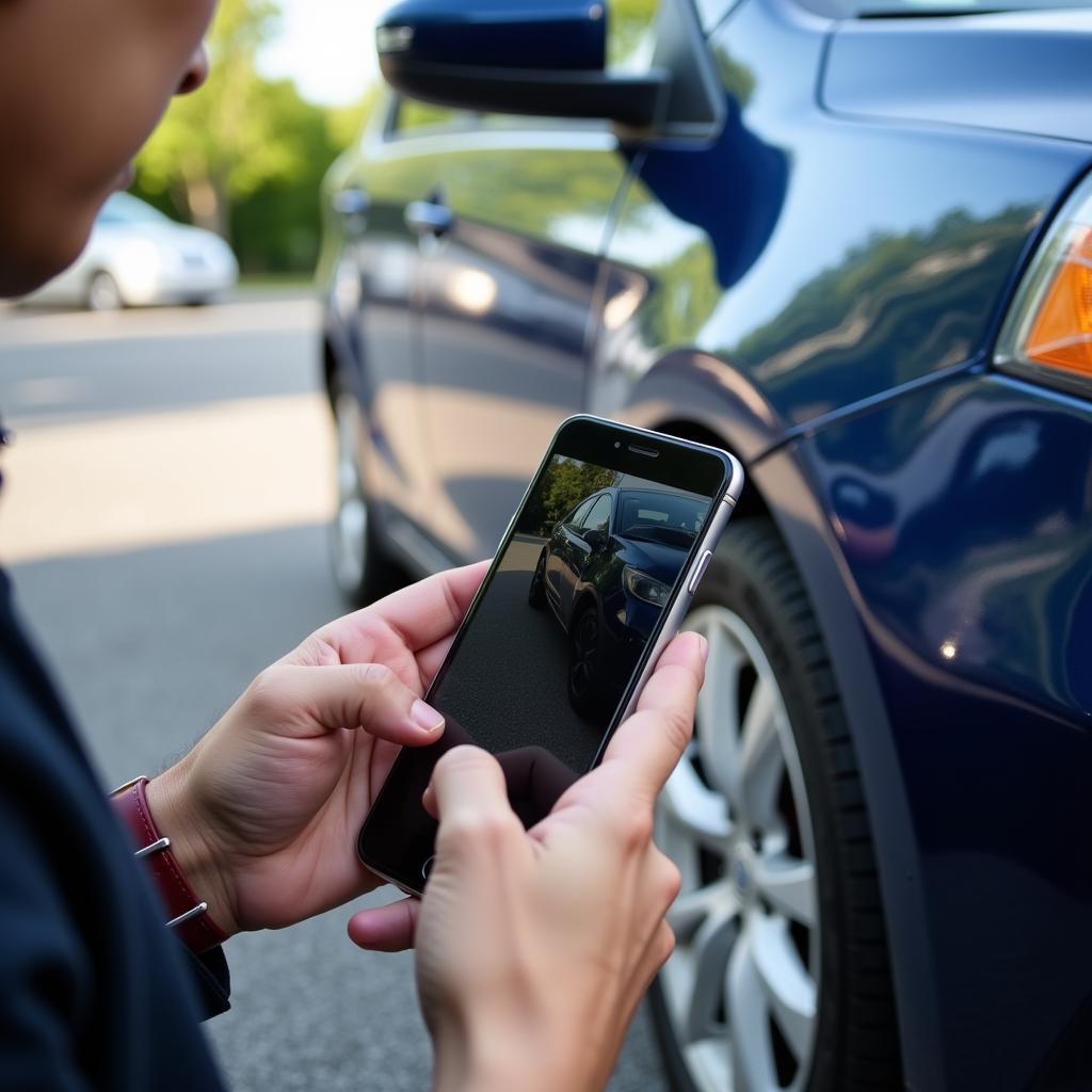 A person inspecting a rental car for pre-existing damage before driving.