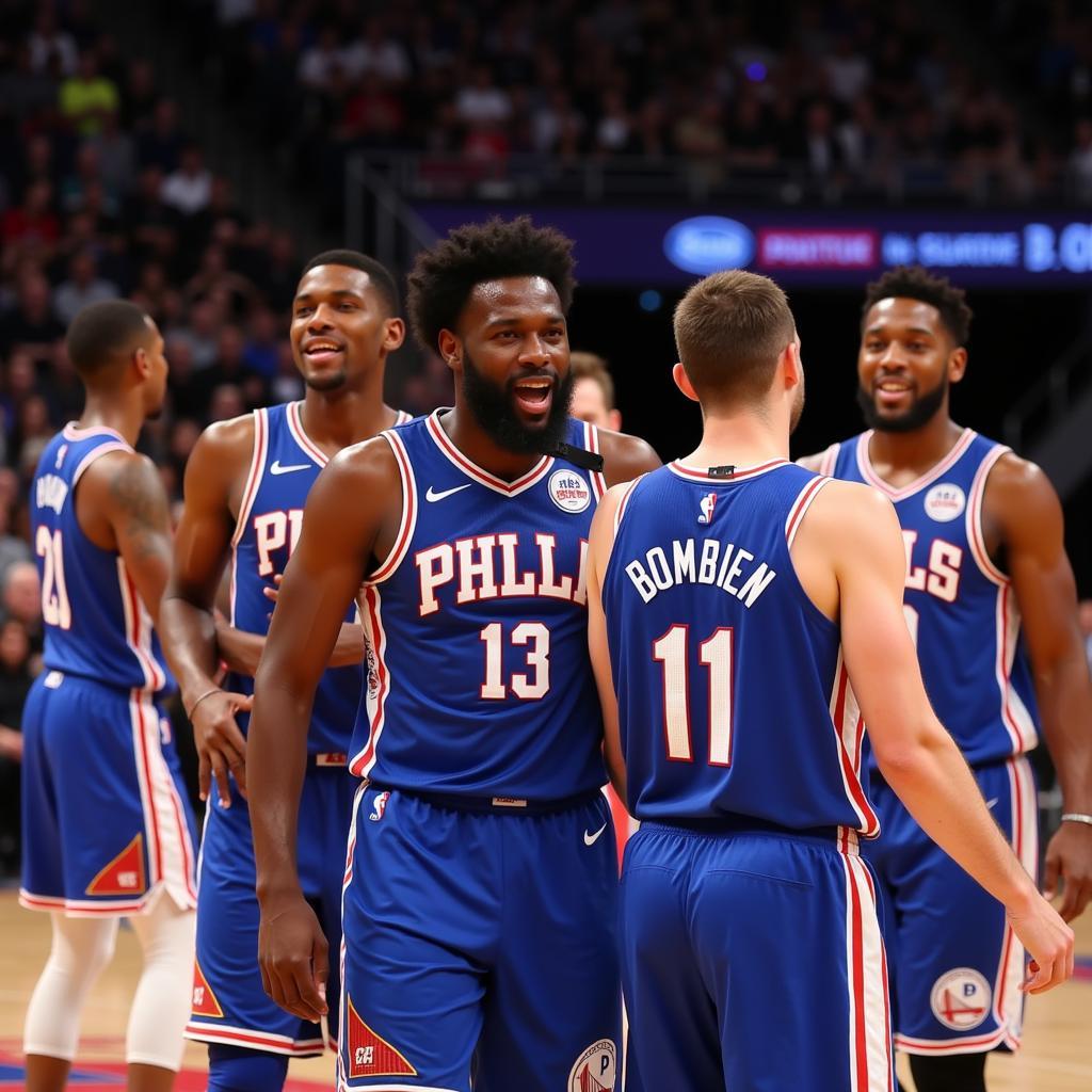 Joel Embiid celebrating a career-high scoring night with his teammates