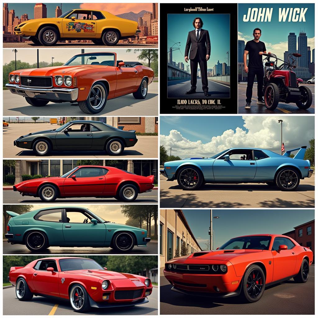 The cultural impact of John Wick's cars, shown in fan art and movie posters.