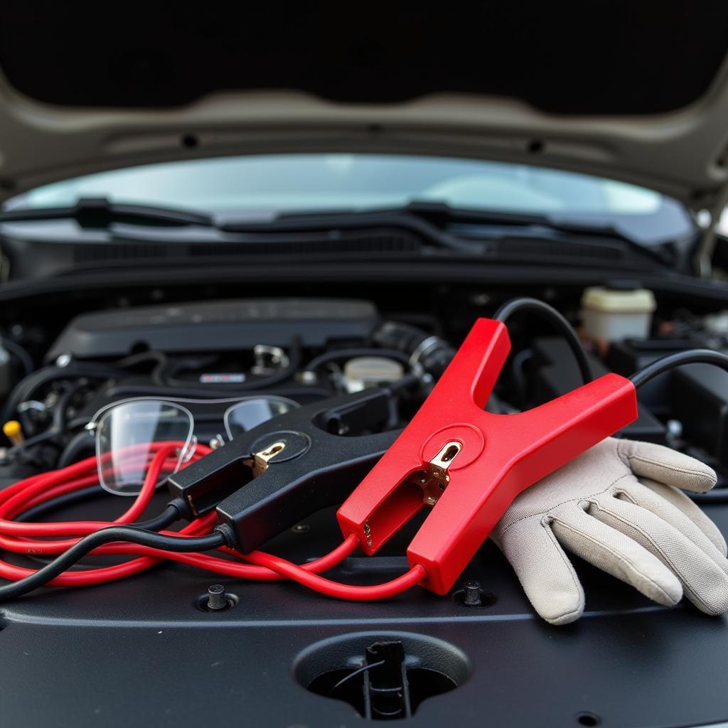 Jump starting a car essential equipment: jumper cables, gloves, and safety glasses.