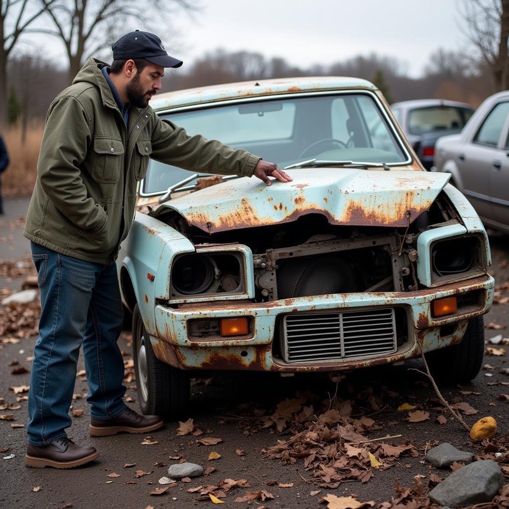 Junkyard Worker Inspecting a Car