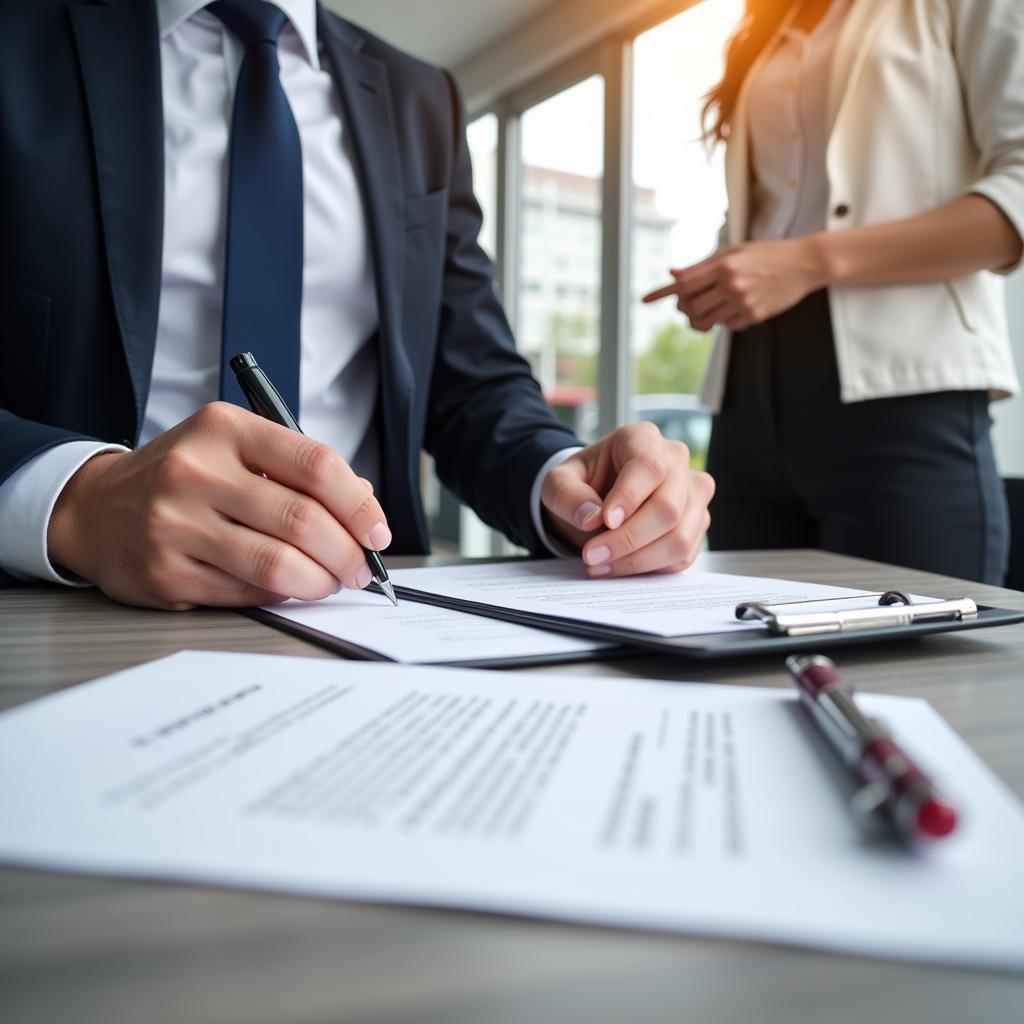 Signing a car lease at a dealership