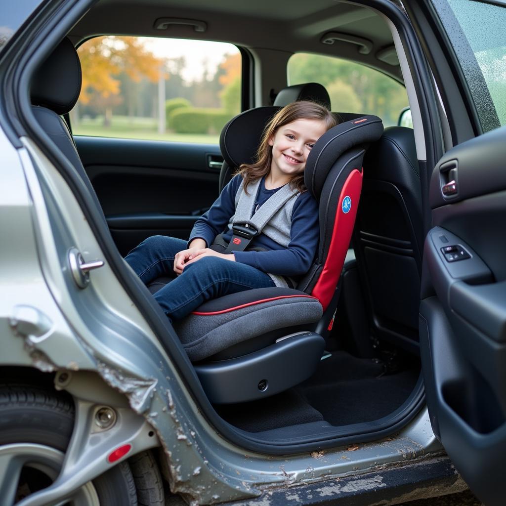 Car accident scene with a child car seat in the back