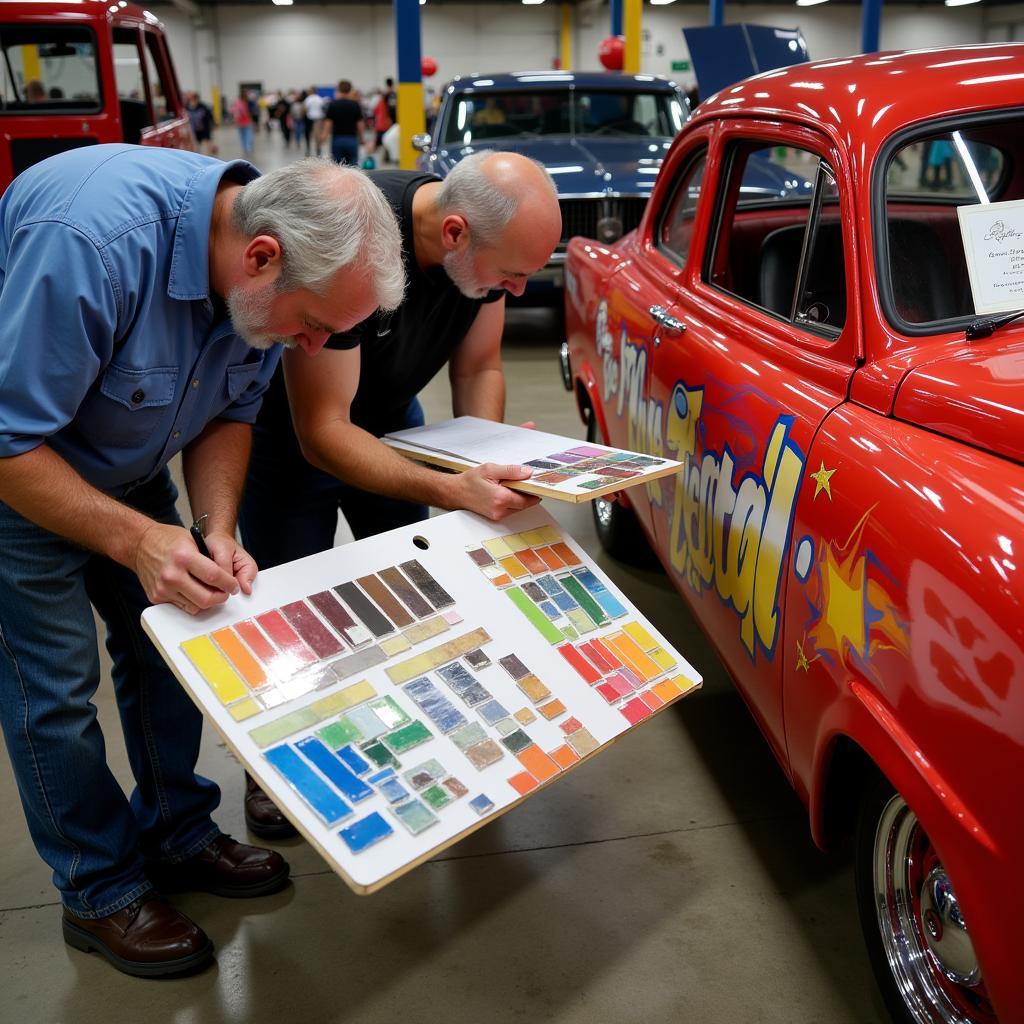 Judges evaluating paint job at a lowrider car show