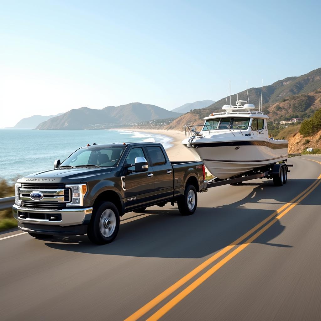 A Mark LT truck towing a boat on a scenic highway, demonstrating its towing capabilities.