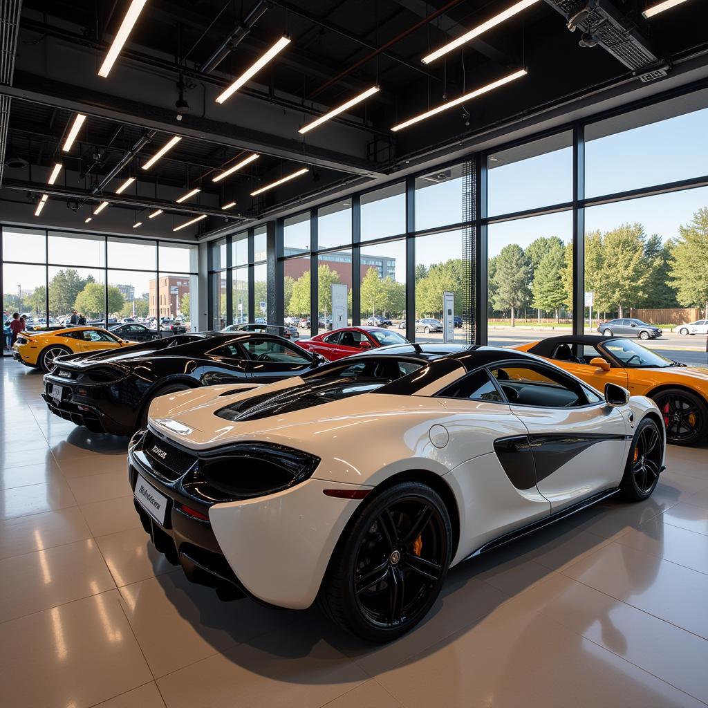 McLaren showroom displaying a range of their high-performance vehicles