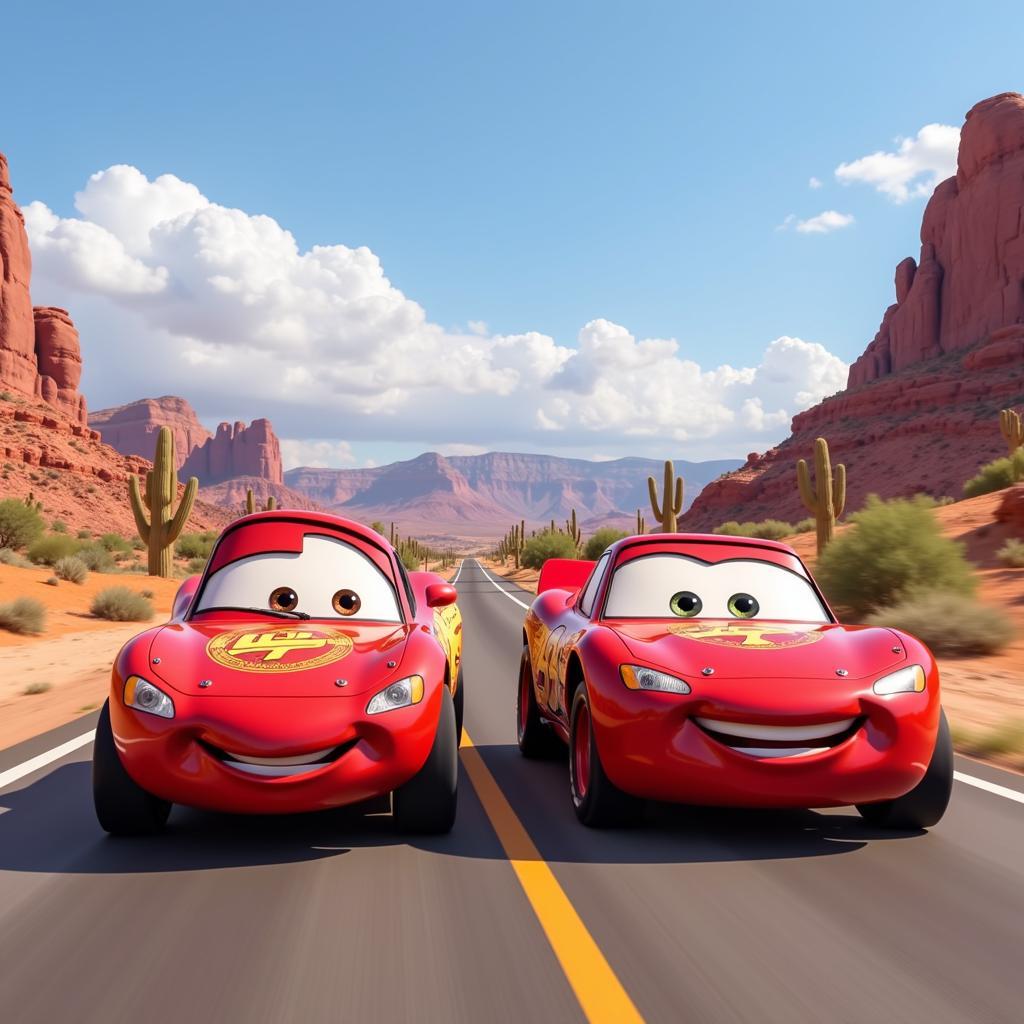 McQueen and Sally Driving Through the Desert