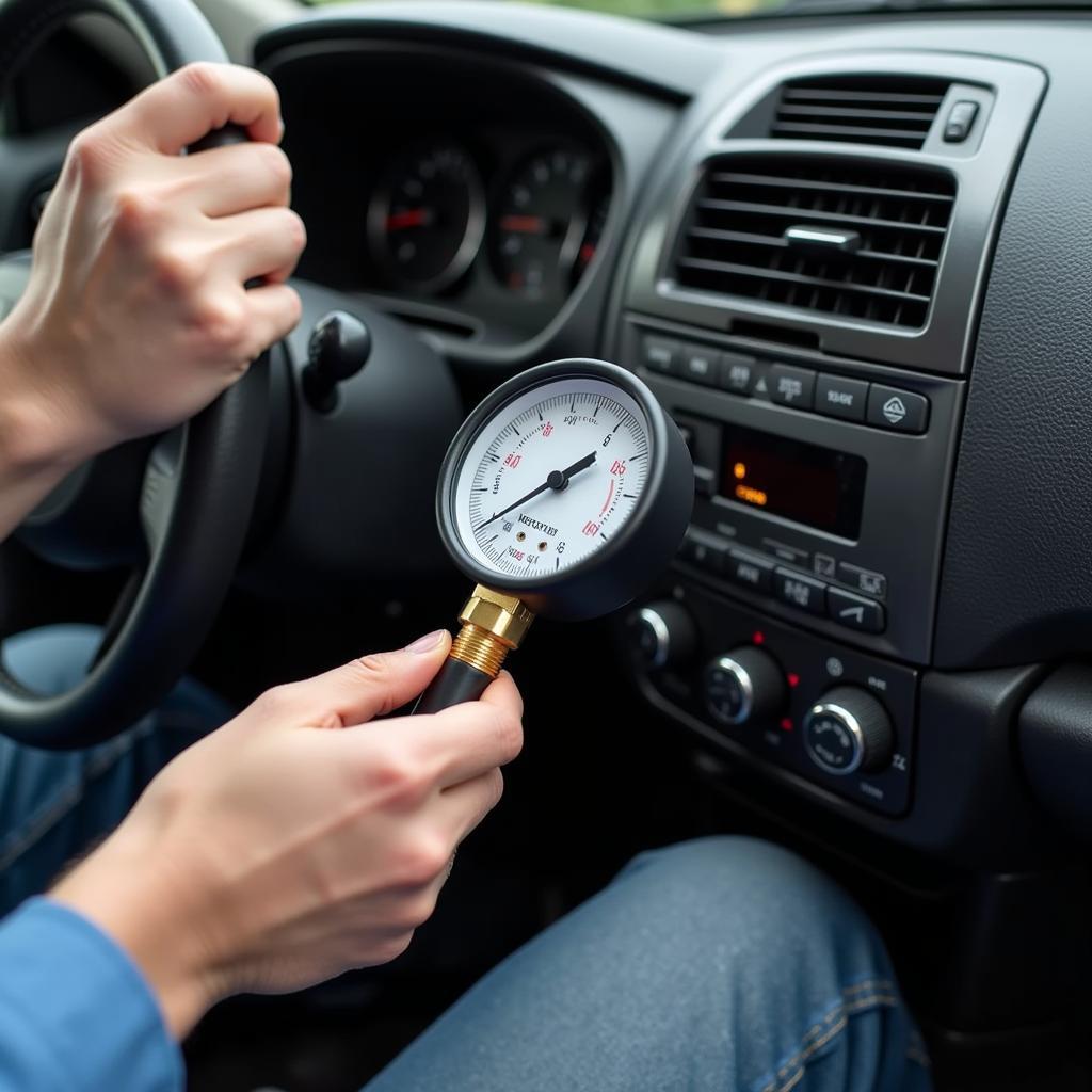 Mechanic checking car AC pressure