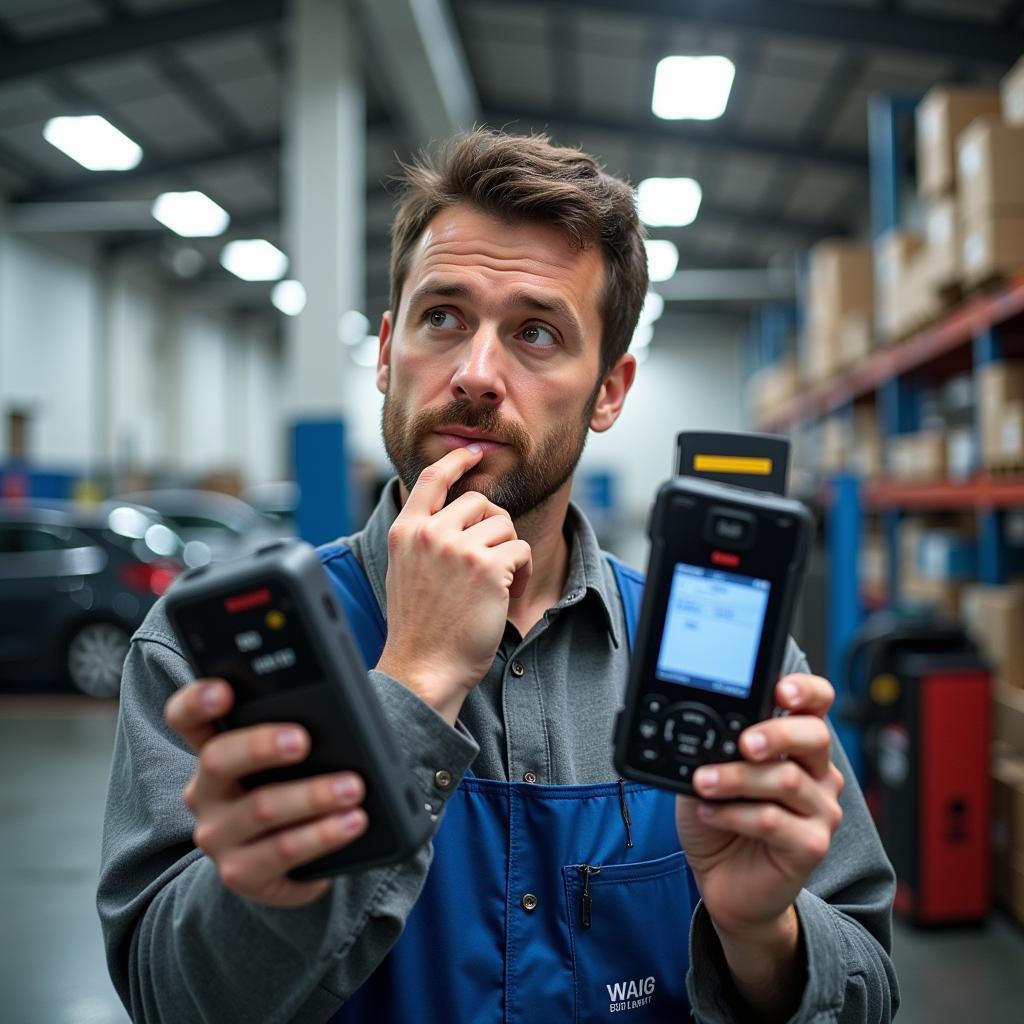 A mechanic contemplating the choice between an Autel and an Opti-Aim diagnostic scanner.