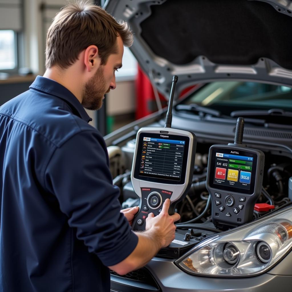 Mechanic Choosing Between Topdon and Autel Scanners