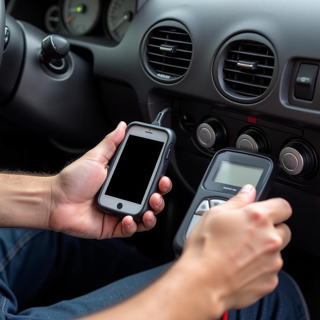 Mechanic Connecting Scan Tool to Car's OBD-II Port