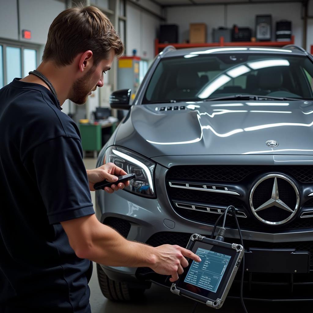 Mechanic Diagnosing Mercedes EPC Problem with Dealer Scanner