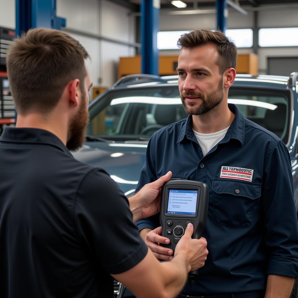 Mechanic explaining the use of a scan tool programmer to a customer for a 2014 MKZ.