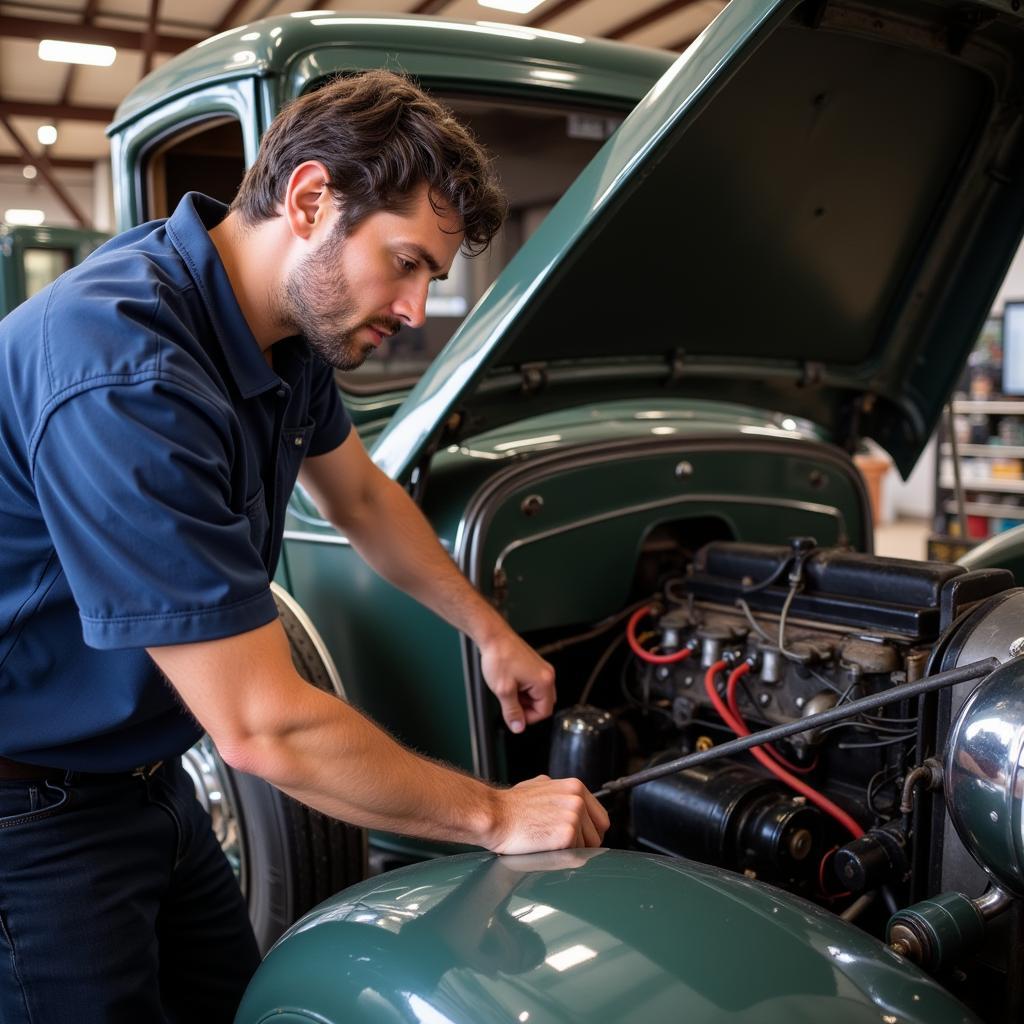 Mechanic inspecting the engine of an antique car.