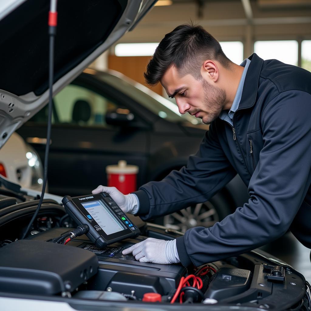 Mechanic Inspecting Hybrid Car Battery