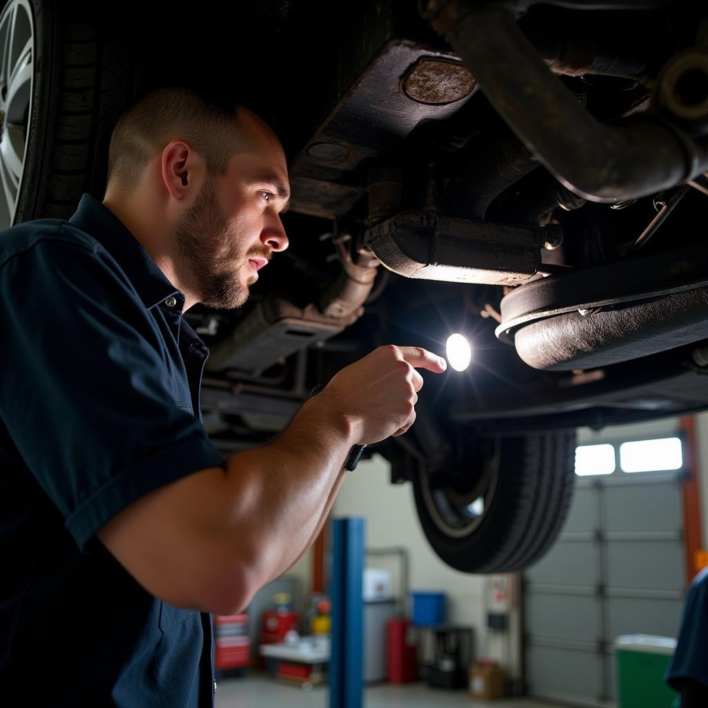 Mechanic Inspecting Used Car Undercarriage