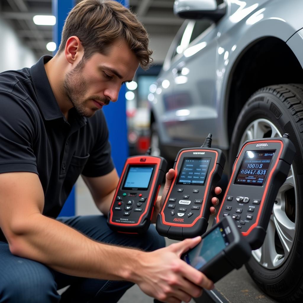 Mechanic Selecting an Autel CV Scanner