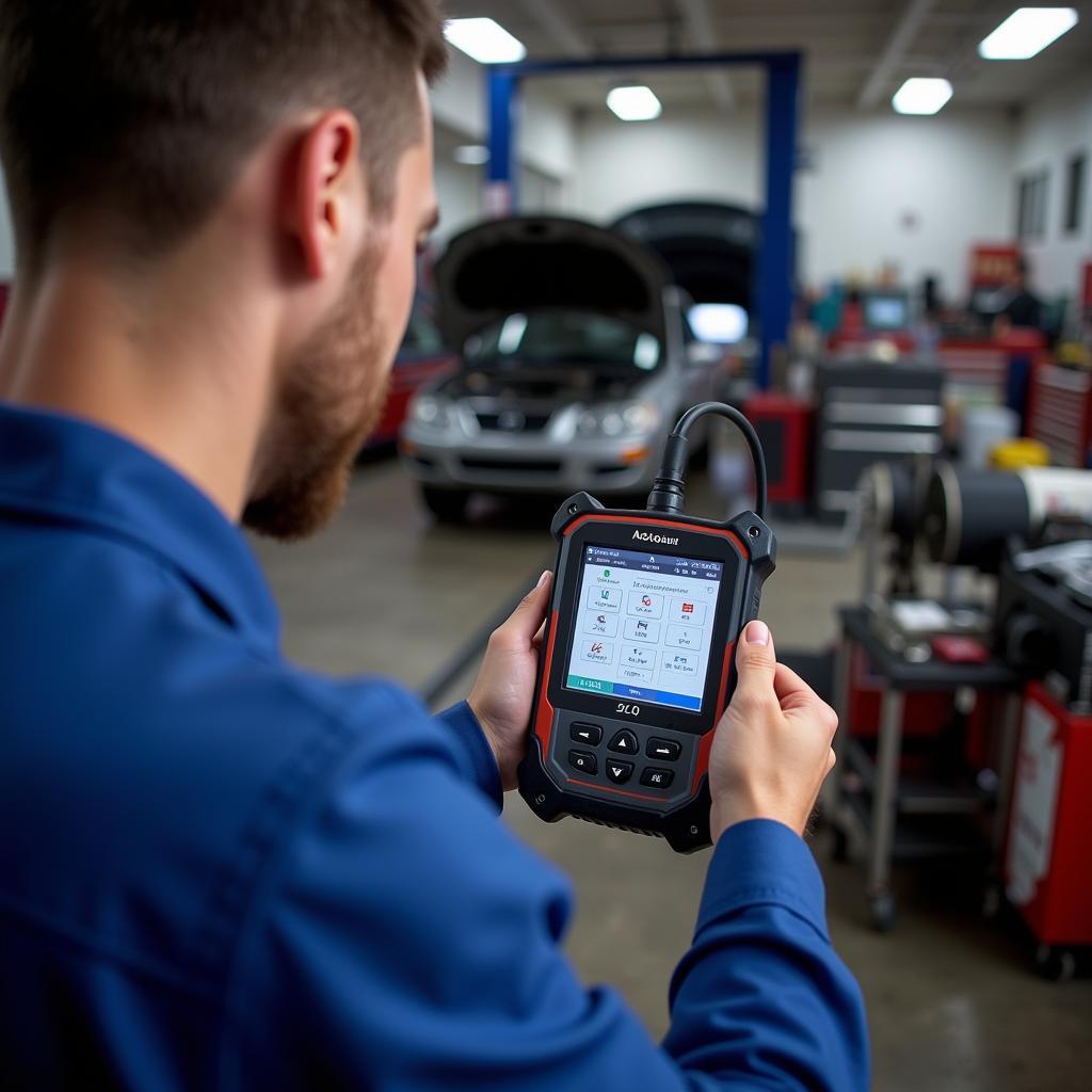 Mechanic Using 5610 Scan Tool in Auto Repair Workshop