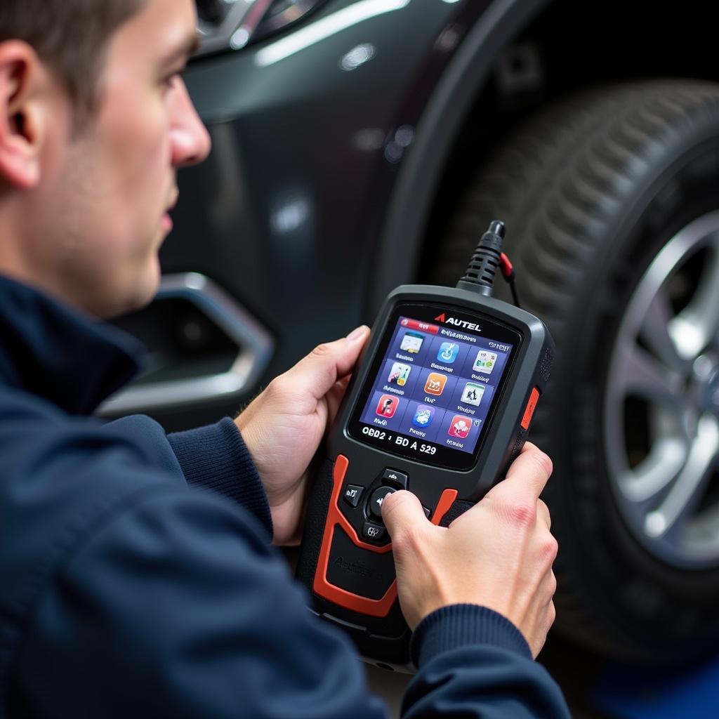 Mechanic Using Autel 529 for Advanced Diagnostics