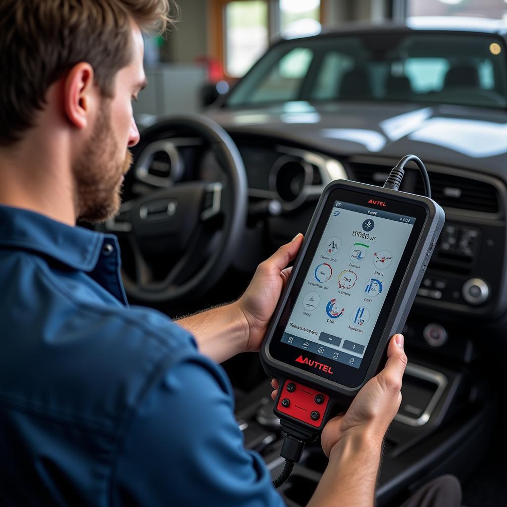 Mechanic Using Autel 808P Scanner