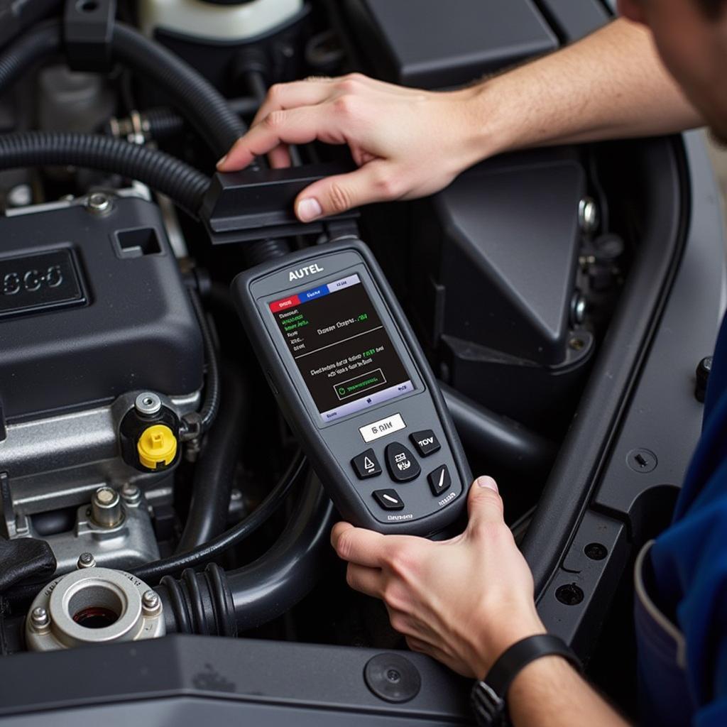 Mechanic using the Autel 905 to diagnose a car engine