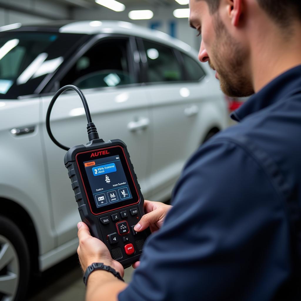 Mechanic Using Autel Autolink ABS Airbag Scan Tool