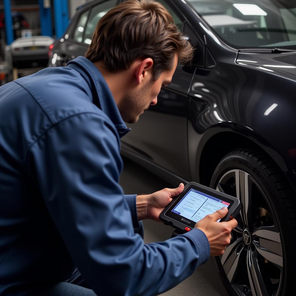 A mechanic using the Autel Autolink AL329 OBD2 scanner on a car