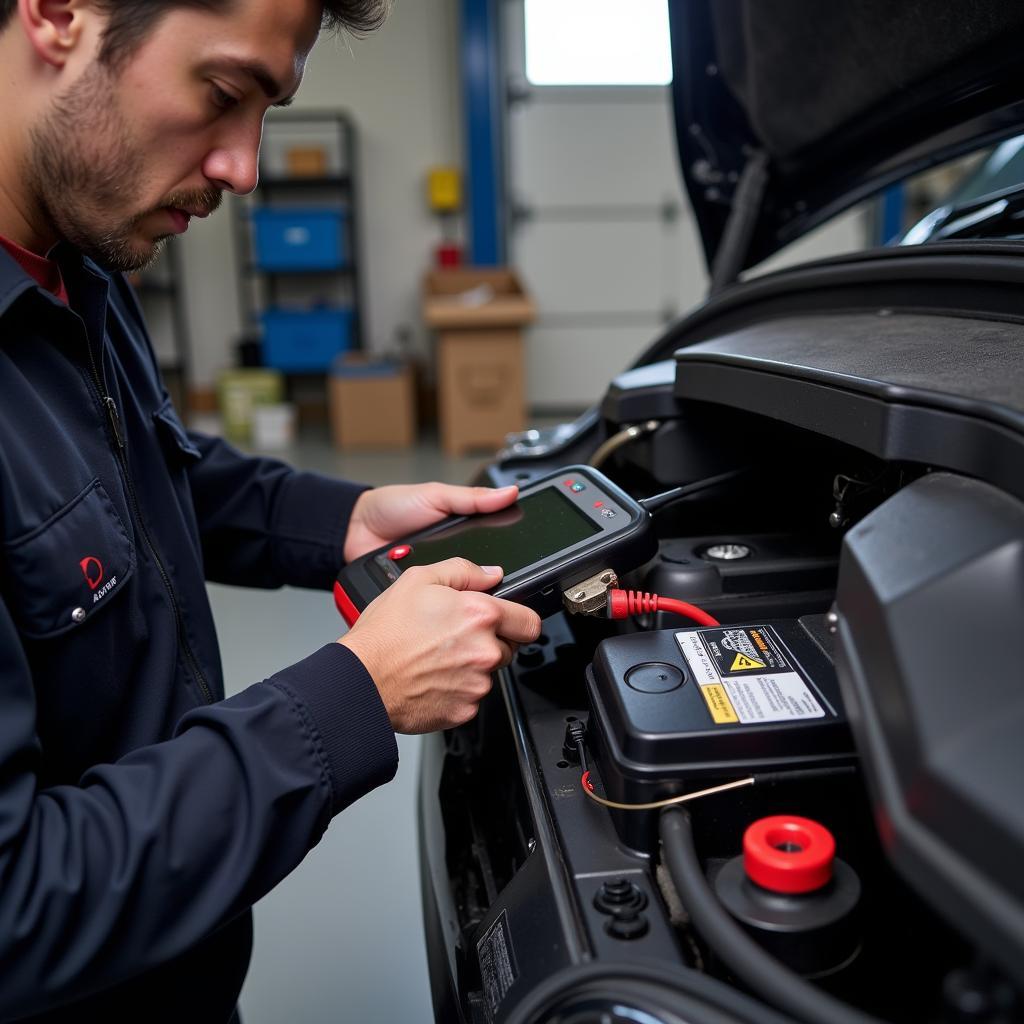 Mechanic Using Autel BT 506 in Garage