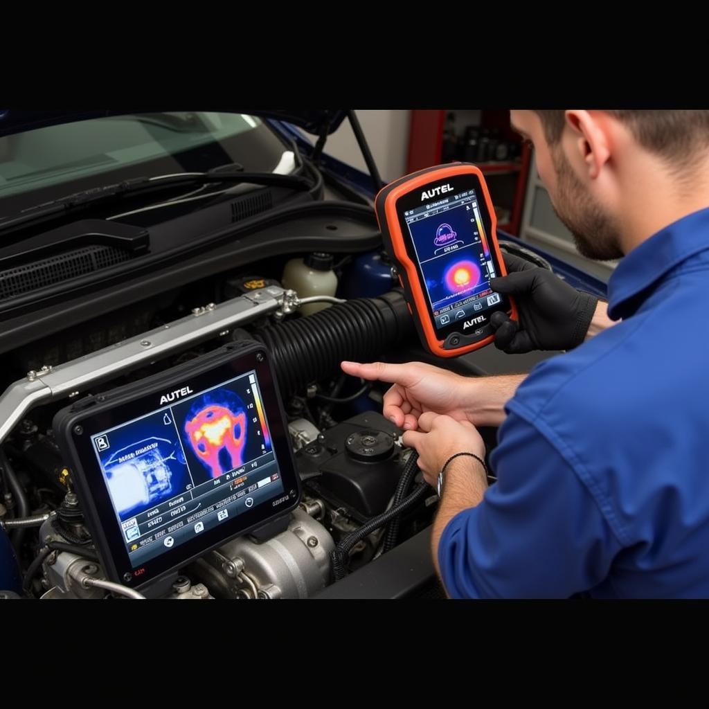 Mechanic Using Autel IR100 on Car Engine