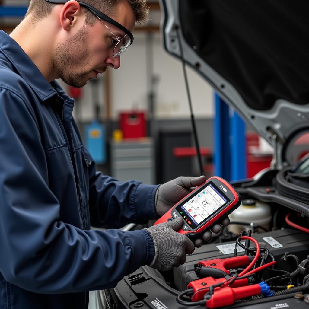 Mechanic Using the Autel MaxiBAS BT508 in a Workshop