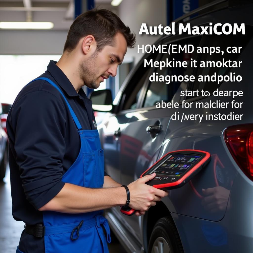 Mechanic Using Autel MaxiCOM MK808TS OBD2 Code Reader in Garage