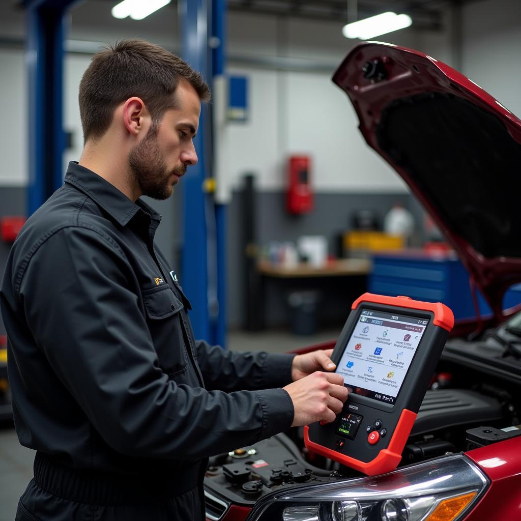 Mechanic Using Autel MaxiDAS Advanced OBD2 Scanner