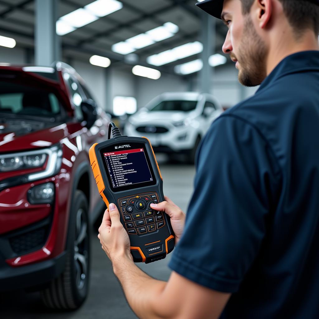 Mechanic Using Autel Maxidas Scanner in Workshop