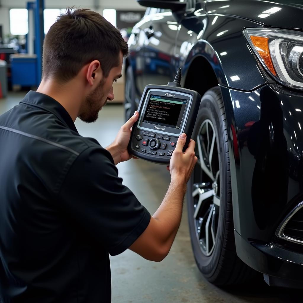 Mechanic Using Autel MaxiDiag MD808 in Garage