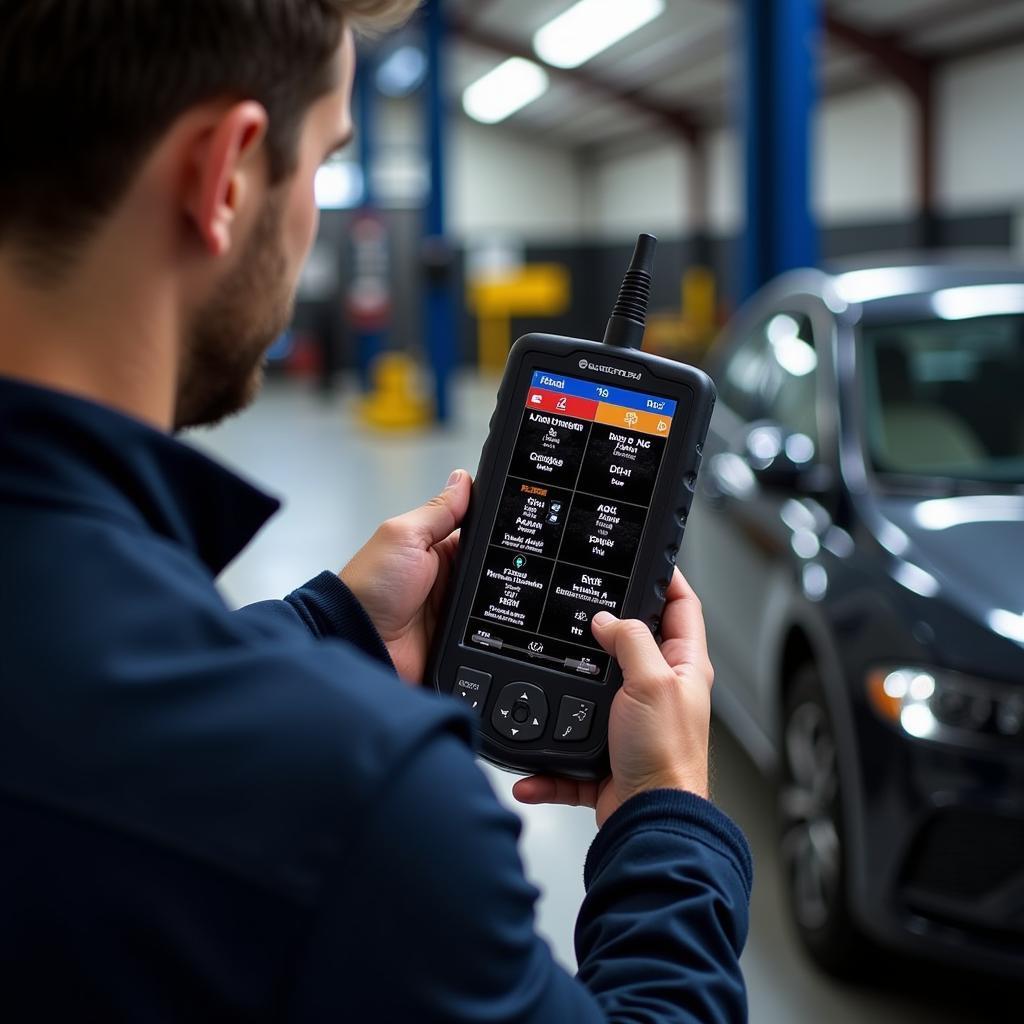 Mechanic Using Autel MaxiLink 2 to Diagnose a Car in a Garage