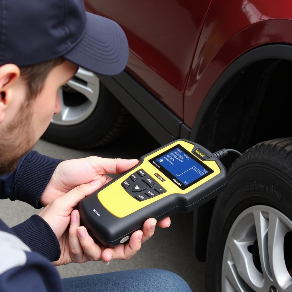 Mechanic Using Autel MaxiScan MS509 for Car Diagnostics