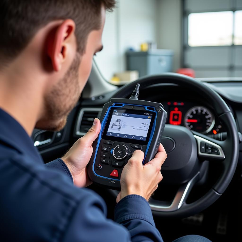 Mechanic Using the Autel MaxiScan MS609 OBD2 Scanner to Diagnose a Car Problem