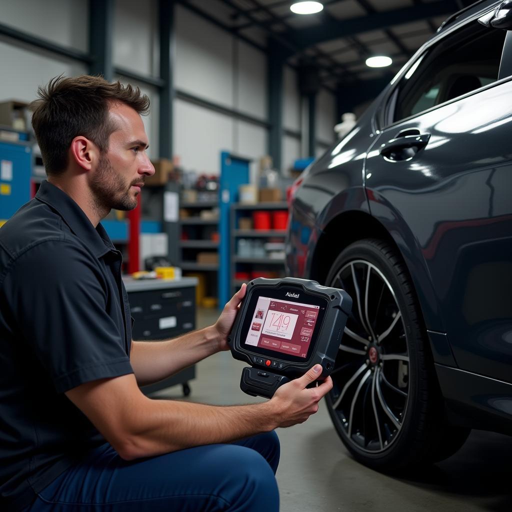 Mechanic Using Autel MaxiSYS 909 in a Workshop